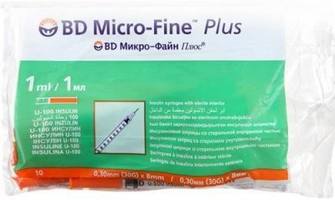 Шприц BD Micro-Fine plus инсулин. 1мл U-100  0,3х8мм - 30G №, шт(неделимая упаковка 10 шт)